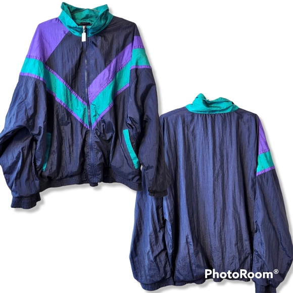 💜 Vtg 80s Vizor Nylon Jacket | Color Block | L 💚 - Picture 2 of 5